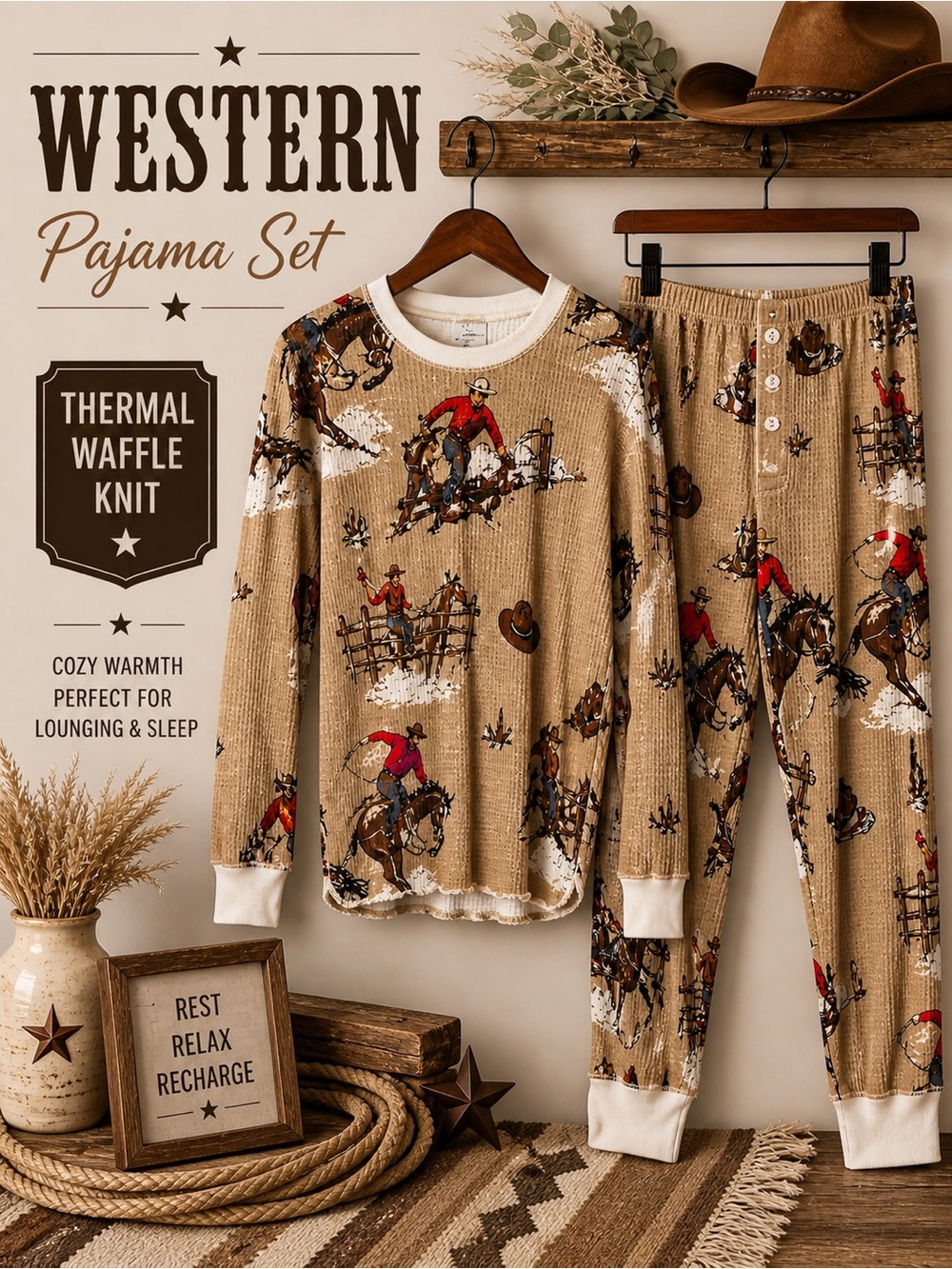 Ski Jammies Western Pajama Set Thermal Waffle Knit Cowboy Print L